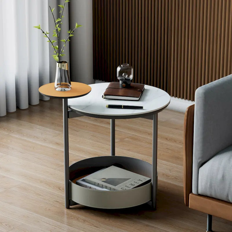 Table d'appoint ronde unique à 3 niveaux, plateau en pierre frittée, étagères en cuir microfibre, table de chevet d'appoint pour chambre.