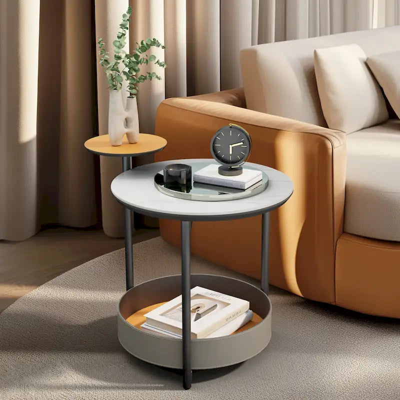 Table d'appoint ronde unique à 3 niveaux, plateau en pierre frittée, étagères en cuir microfibre, table de chevet d'appoint pour chambre.