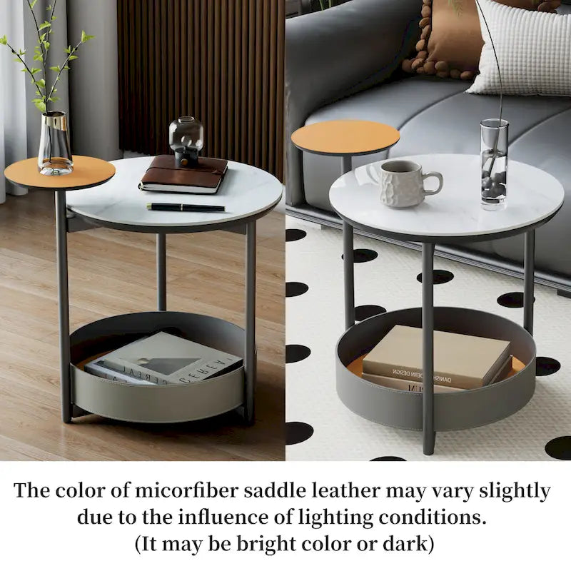 Table d'appoint ronde unique à 3 niveaux, plateau en pierre frittée, étagères en cuir microfibre, table de chevet d'appoint pour chambre.