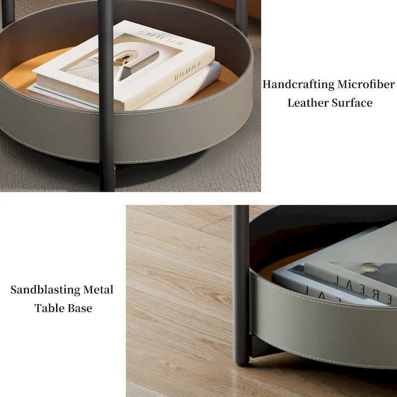 Table d'appoint ronde unique à 3 niveaux, plateau en pierre frittée, étagères en cuir microfibre, table de chevet d'appoint pour chambre.