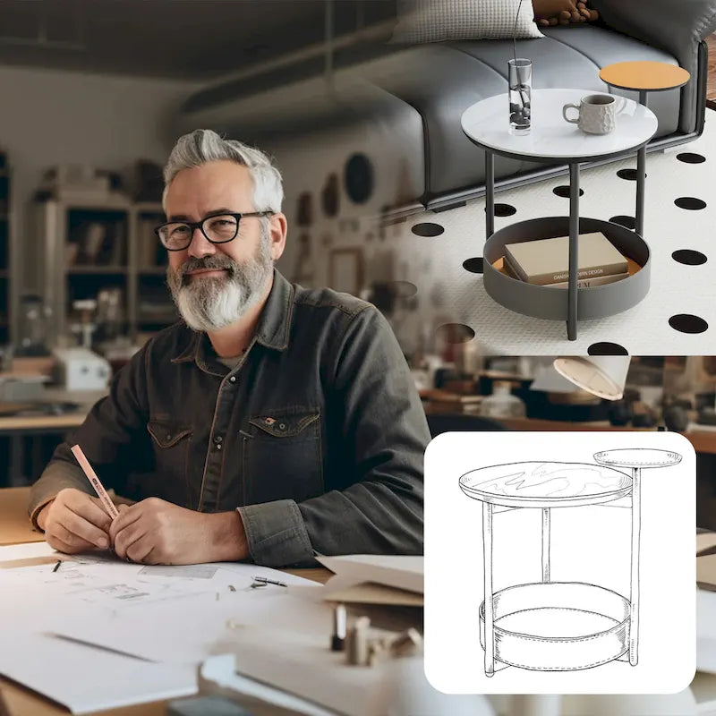 Table d'appoint ronde unique à 3 niveaux, plateau en pierre frittée, étagères en cuir microfibre, table de chevet d'appoint pour chambre.