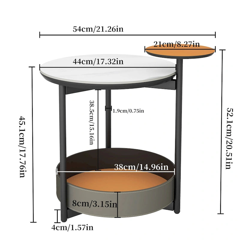 Table d'appoint ronde unique à 3 niveaux, plateau en pierre frittée, étagères en cuir microfibre, table de chevet d'appoint pour chambre.