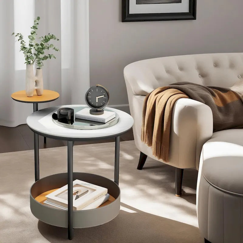 Table d'appoint ronde unique à 3 niveaux, plateau en pierre frittée, étagères en cuir microfibre, table de chevet d'appoint pour chambre.