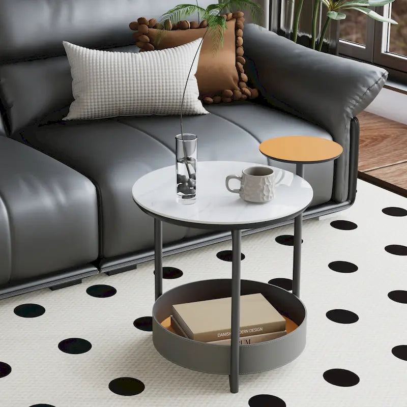 Table d'appoint ronde unique à 3 niveaux, plateau en pierre frittée, étagères en cuir microfibre, table de chevet d'appoint pour chambre.