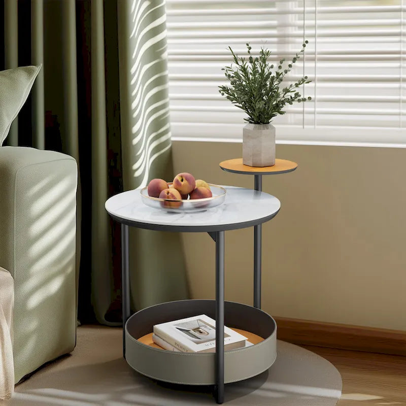 Table d'appoint ronde unique à 3 niveaux, plateau en pierre frittée, étagères en cuir microfibre, table de chevet d'appoint pour chambre.