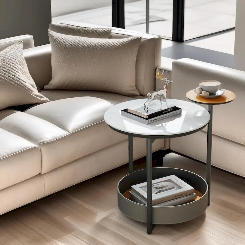 Table d'appoint ronde unique à 3 niveaux, plateau en pierre frittée, étagères en cuir microfibre, table de chevet d'appoint pour chambre.