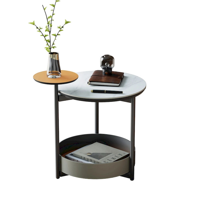 Table d'appoint ronde unique à 3 niveaux, plateau en pierre frittée, étagères en cuir microfibre, table de chevet d'appoint pour chambre.