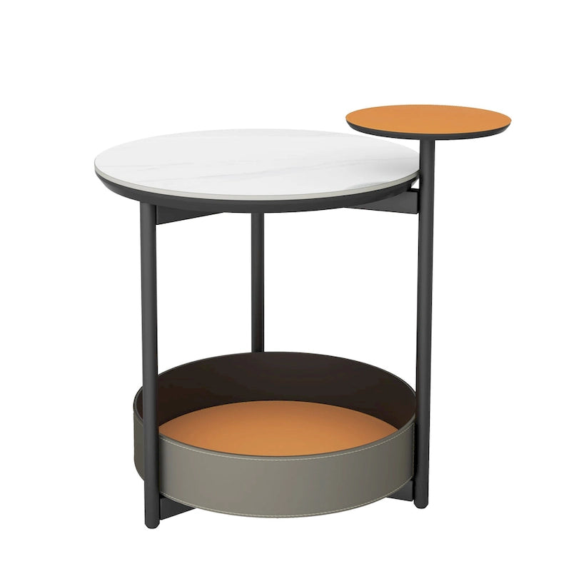 Table d'appoint ronde unique à 3 niveaux, plateau en pierre frittée, étagères en cuir microfibre, table de chevet d'appoint pour chambre.