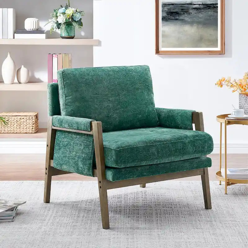 Fauteuil en velours vert 35.4 avec cadre en bois d'hévéa massif