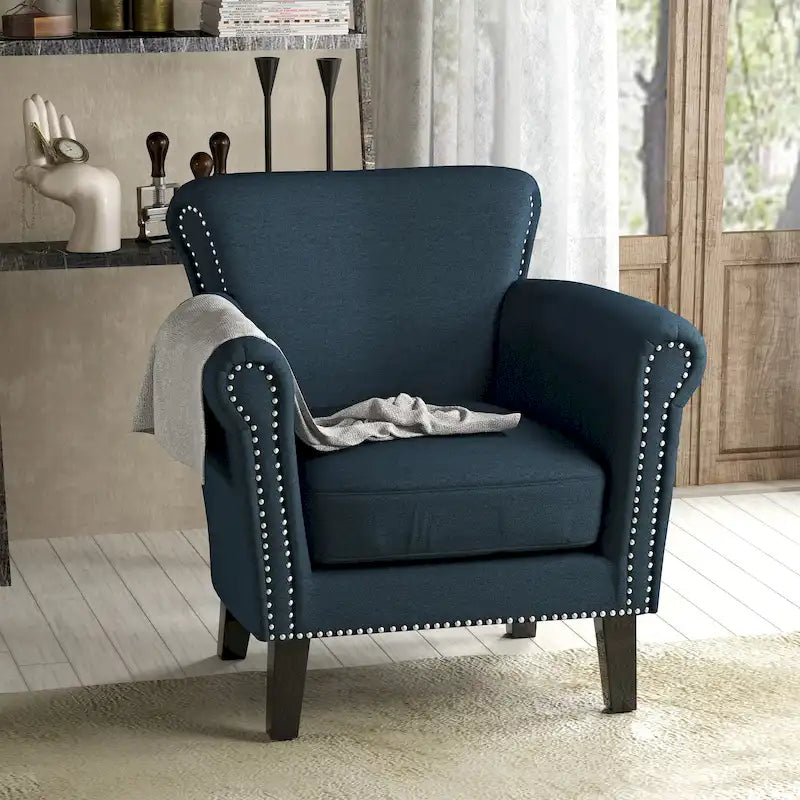 Fauteuil de club tapissé bleu marine 31 avec clous décoratifs