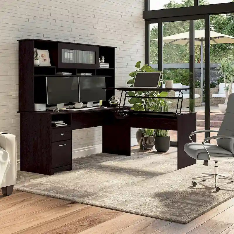 Bureau assis-debout en L à 3 positions avec huche, 72 po de large par