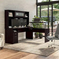 Bureau assis-debout en L à 3 positions avec huche, 72 po de large par