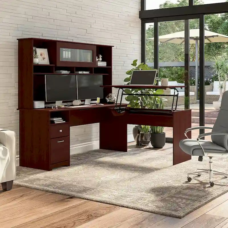 Bureau assis-debout en L à 3 positions avec huche, 72 po de large par