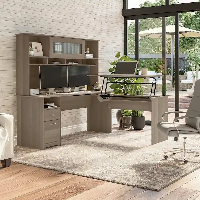 Bureau assis-debout en L à 3 positions avec huche, 72 po de large par