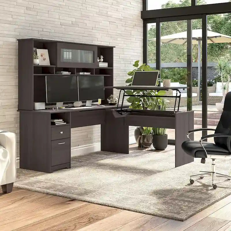 Bureau assis-debout en L à 3 positions avec huche, 72 po de large par