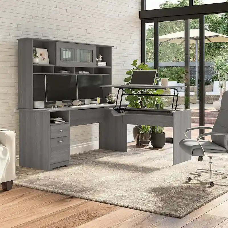 Bureau assis-debout en L à 3 positions avec huche, 72 po de large par