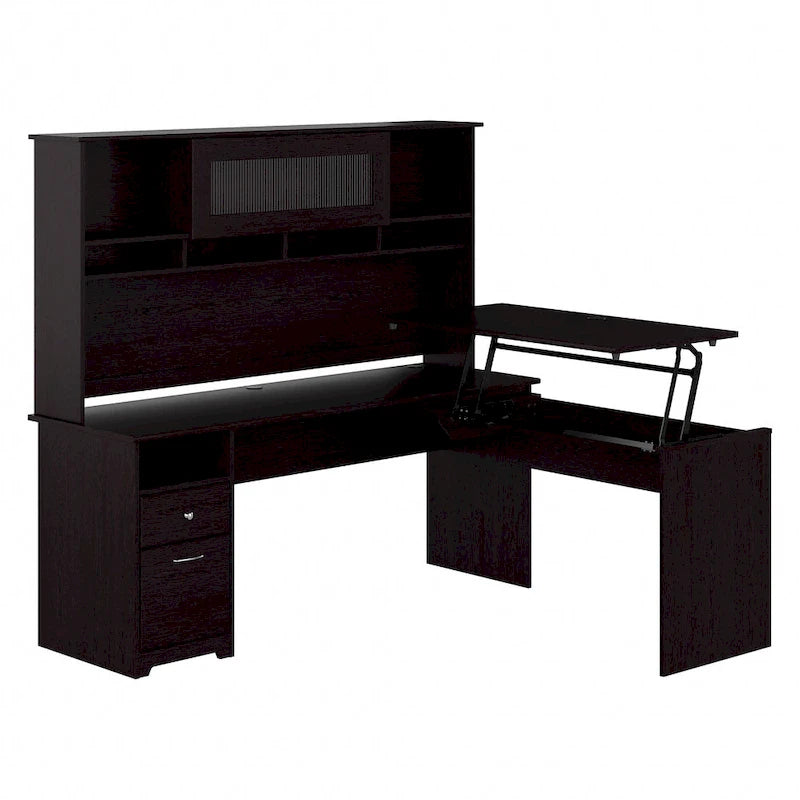 Bureau assis-debout en L à 3 positions avec huche, 72 po de large par