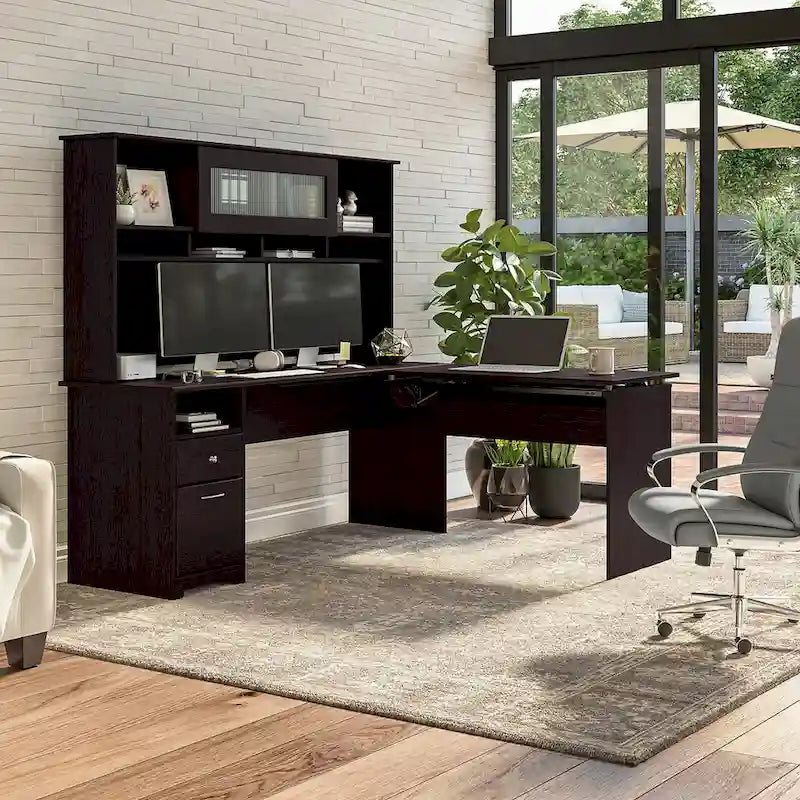Bureau assis-debout en L à 3 positions avec huche, 72 po de large par