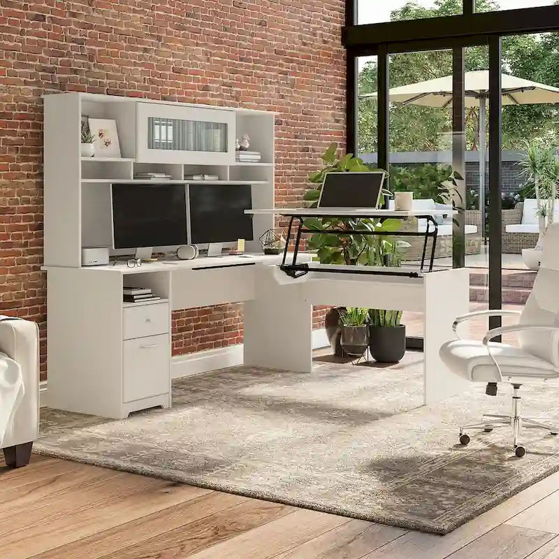 Bureau assis-debout en L à 3 positions avec huche, 72 po de large par