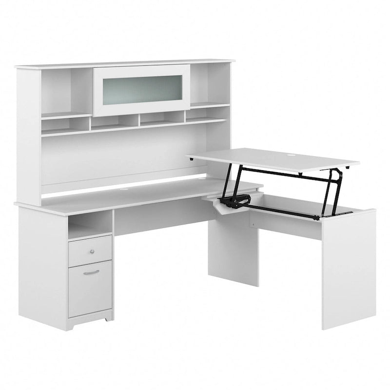 Bureau assis-debout en L à 3 positions avec huche, 72 po de large par