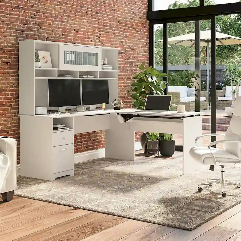 Bureau assis-debout en L à 3 positions avec huche, 72 po de large par