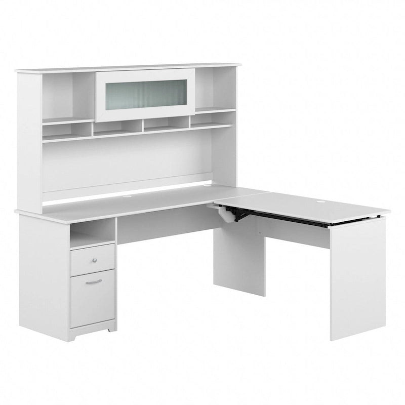 Bureau assis-debout en L à 3 positions avec huche, 72 po de large par