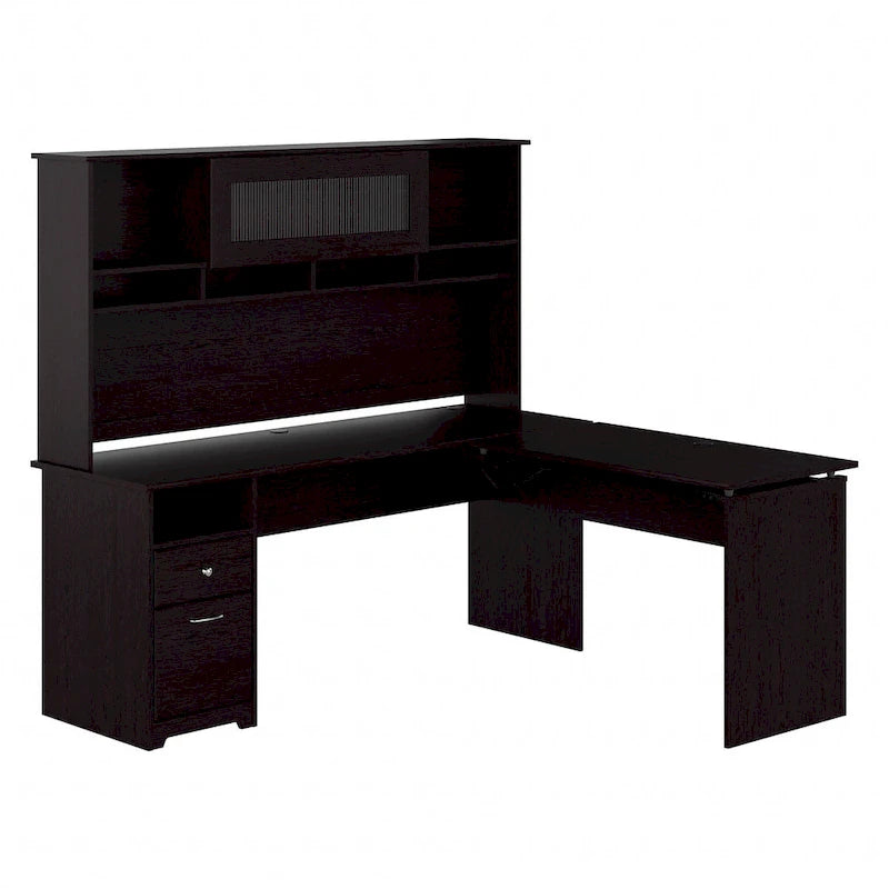 Bureau assis-debout en L à 3 positions avec huche, 72 po de large par