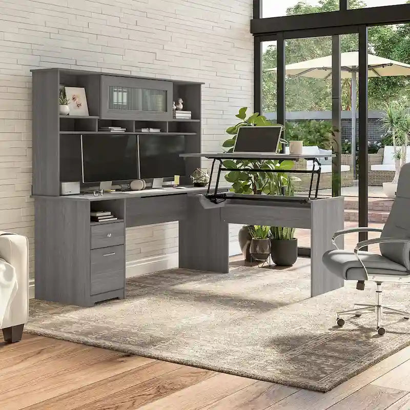 Bureau assis-debout en L à 3 positions avec huche, 72 po de large par