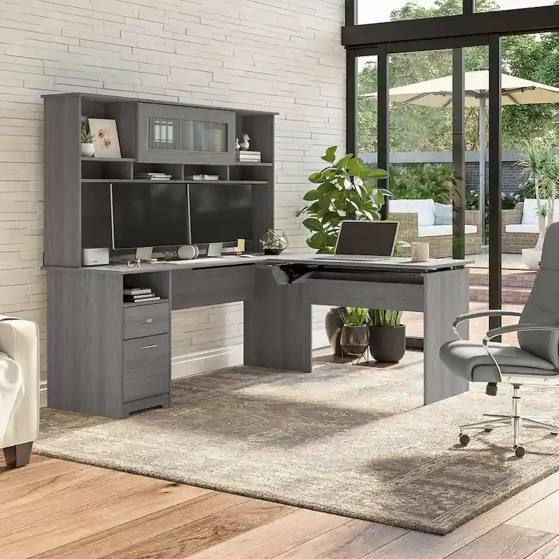 Bureau assis-debout en L à 3 positions avec huche, 72 po de large par