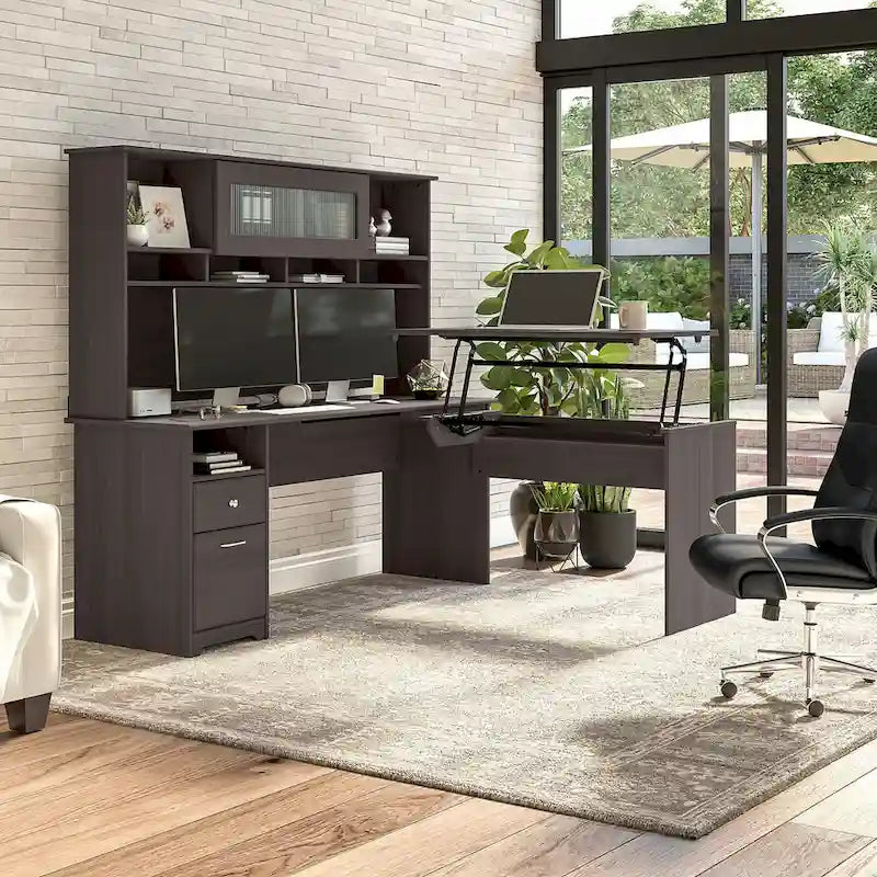 Bureau assis-debout en L à 3 positions avec huche, 72 po de large par