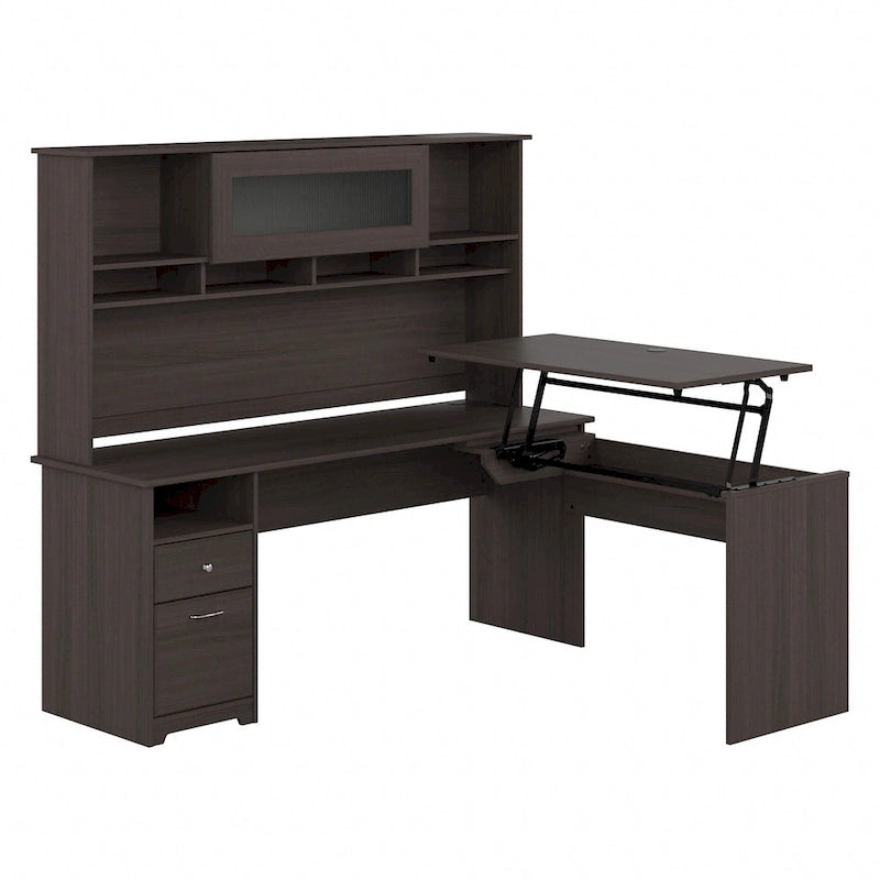 Bureau assis-debout en L à 3 positions avec huche, 72 po de large par
