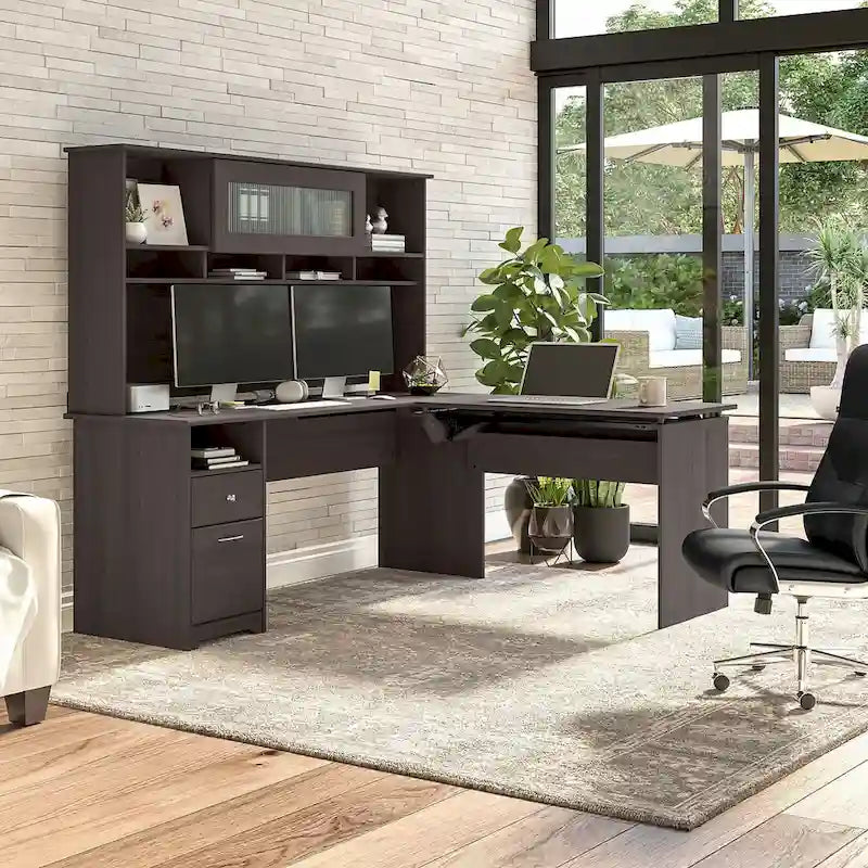 Bureau assis-debout en L à 3 positions avec huche, 72 po de large par