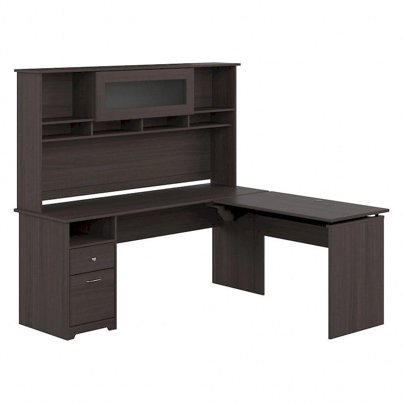 Bureau assis-debout en L à 3 positions avec huche, 72 po de large par
