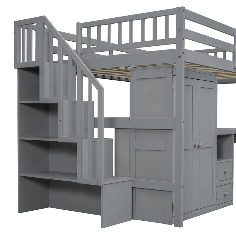 Lit mezzanine pleine grandeur avec escalier, étagère, tiroirs, bureau et armoire