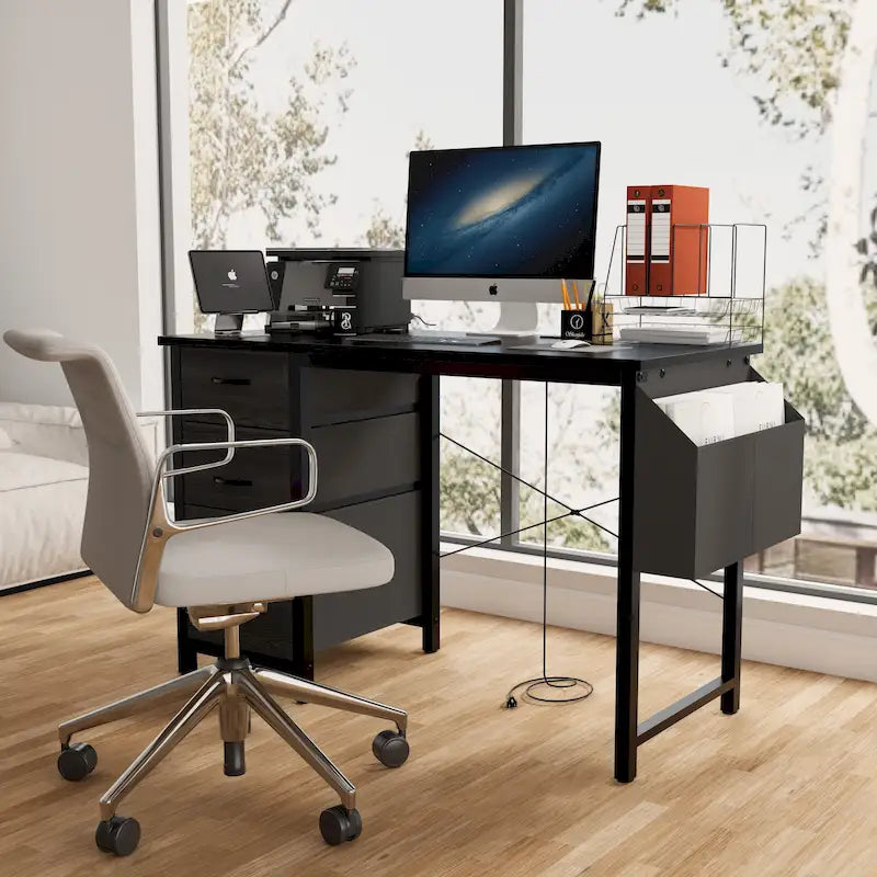 Bureau d'ordinateur moderne avec station de charge et tiroirs de rangement réversibles pour bureau à domicile ou salle d'étude