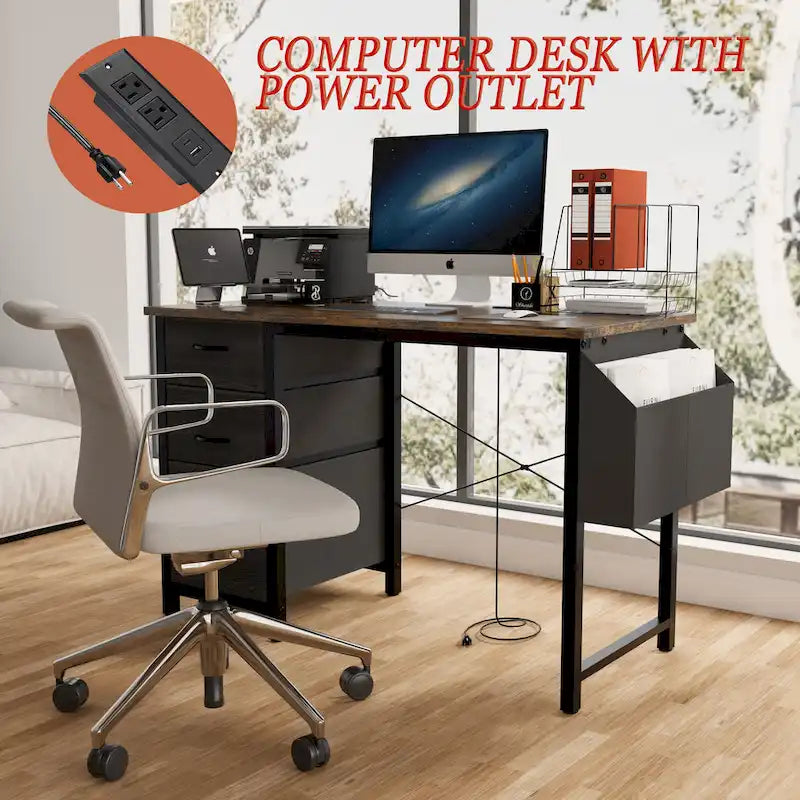 Bureau d'ordinateur moderne avec station de charge et tiroirs de rangement réversibles pour bureau à domicile ou salle d'étude