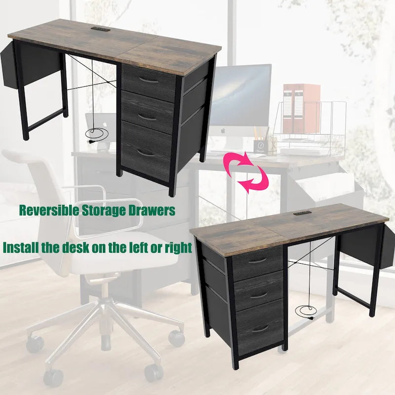 Bureau d'ordinateur moderne avec station de charge et tiroirs de rangement réversibles pour bureau à domicile ou salle d'étude
