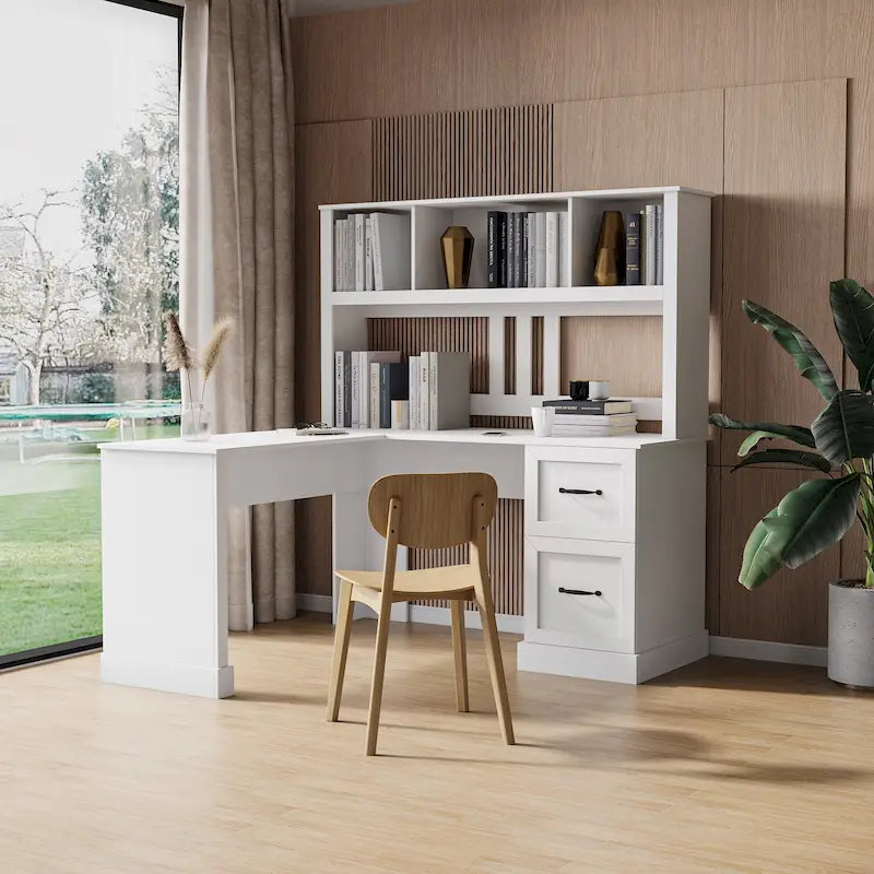Bureau d'ordinateur moderne avec rangement à 2 niveaux, grands tiroirs et surface imperméable pour le bureau à domicile, le bureau ou le salon