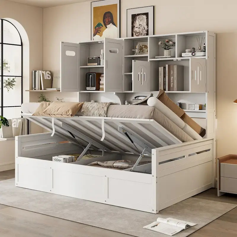 Lit de repos double en bois avec vérin hydraulique, armoire et étagère tout-en-un, blanc