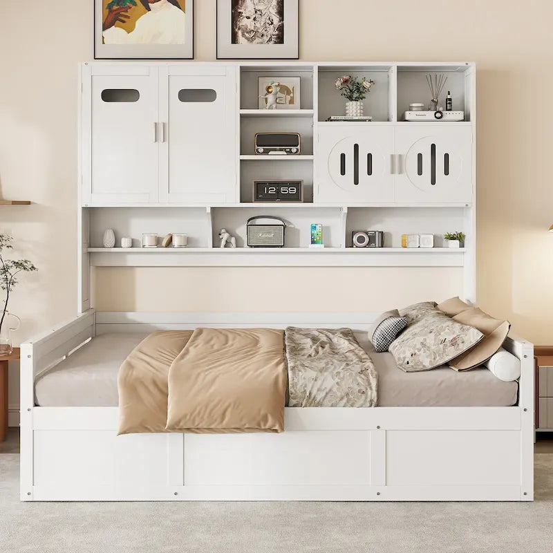 Lit de repos double en bois avec vérin hydraulique, armoire et étagère tout-en-un, blanc