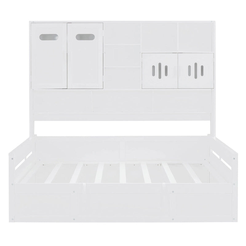 Lit de repos double en bois avec vérin hydraulique, armoire et étagère tout-en-un, blanc