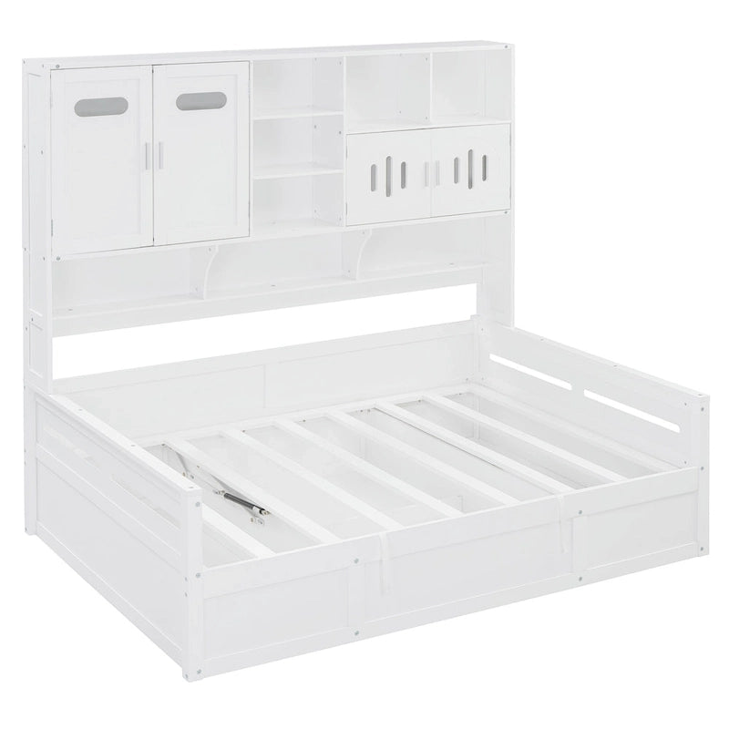 Lit de repos double en bois avec vérin hydraulique, armoire et étagère tout-en-un, blanc