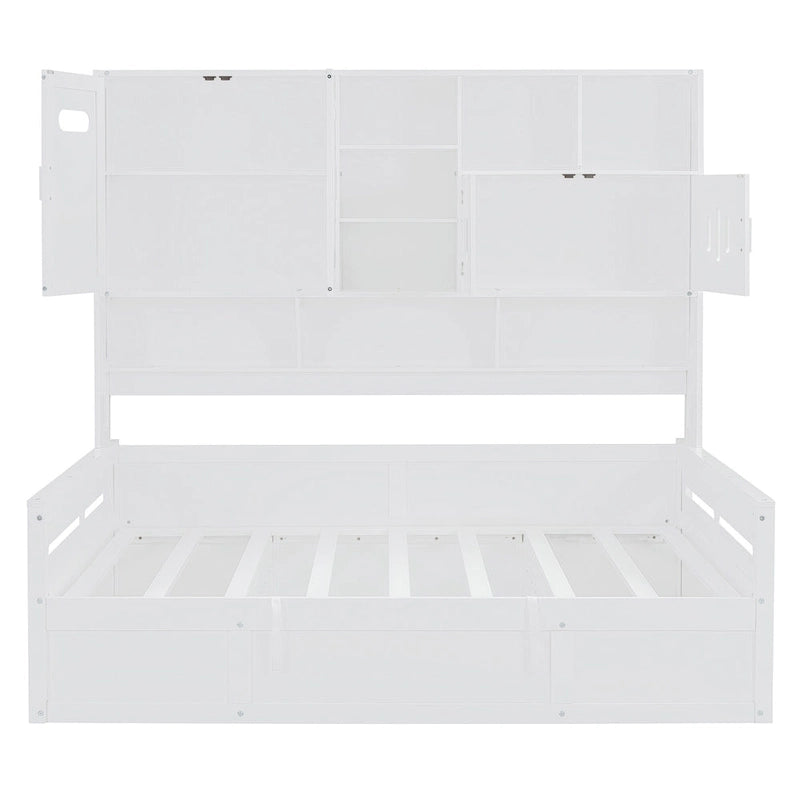 Lit de repos double en bois avec vérin hydraulique, armoire et étagère tout-en-un, blanc