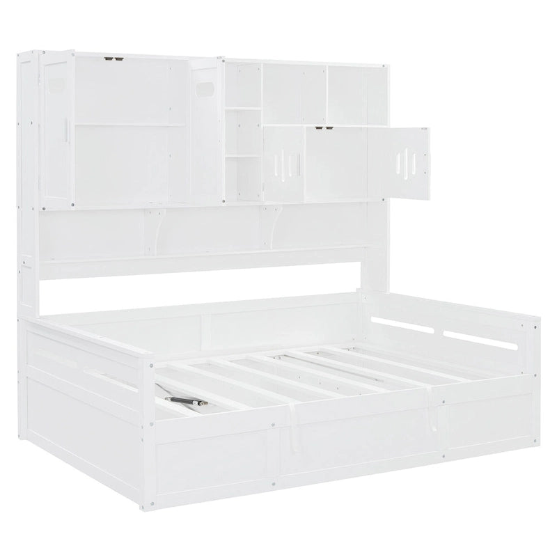 Lit de repos double en bois avec vérin hydraulique, armoire et étagère tout-en-un, blanc