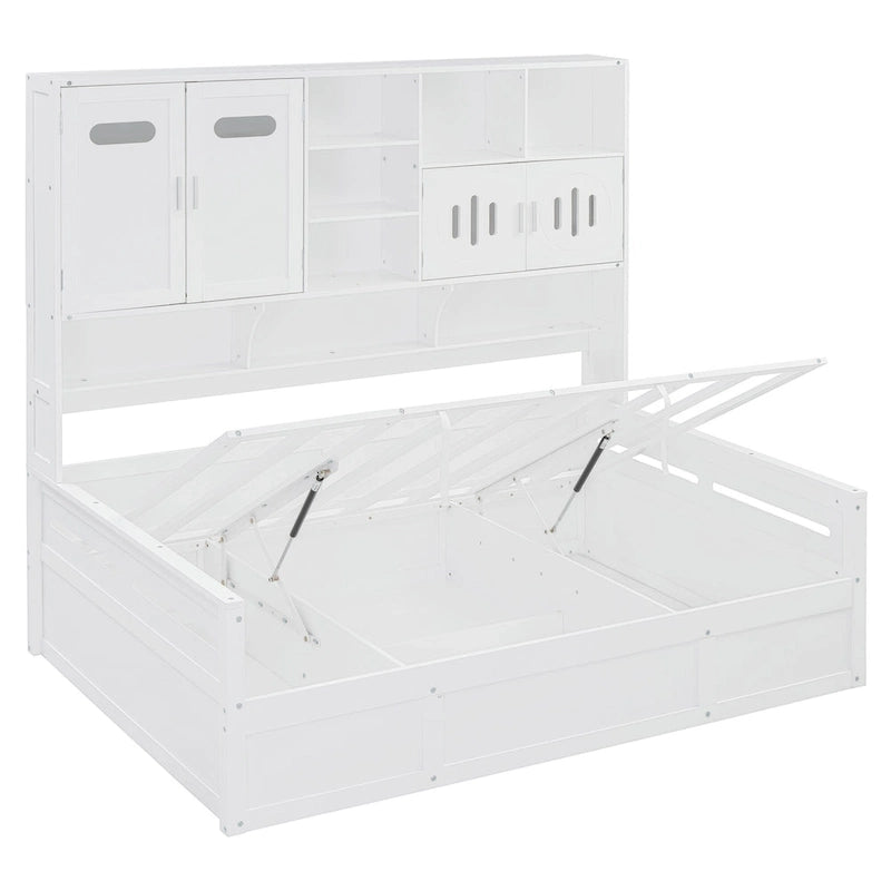 Lit de repos double en bois avec vérin hydraulique, armoire et étagère tout-en-un, blanc