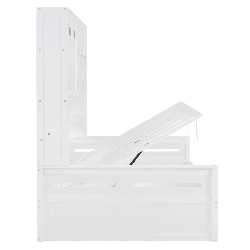 Lit de repos double en bois avec vérin hydraulique, armoire et étagère tout-en-un, blanc