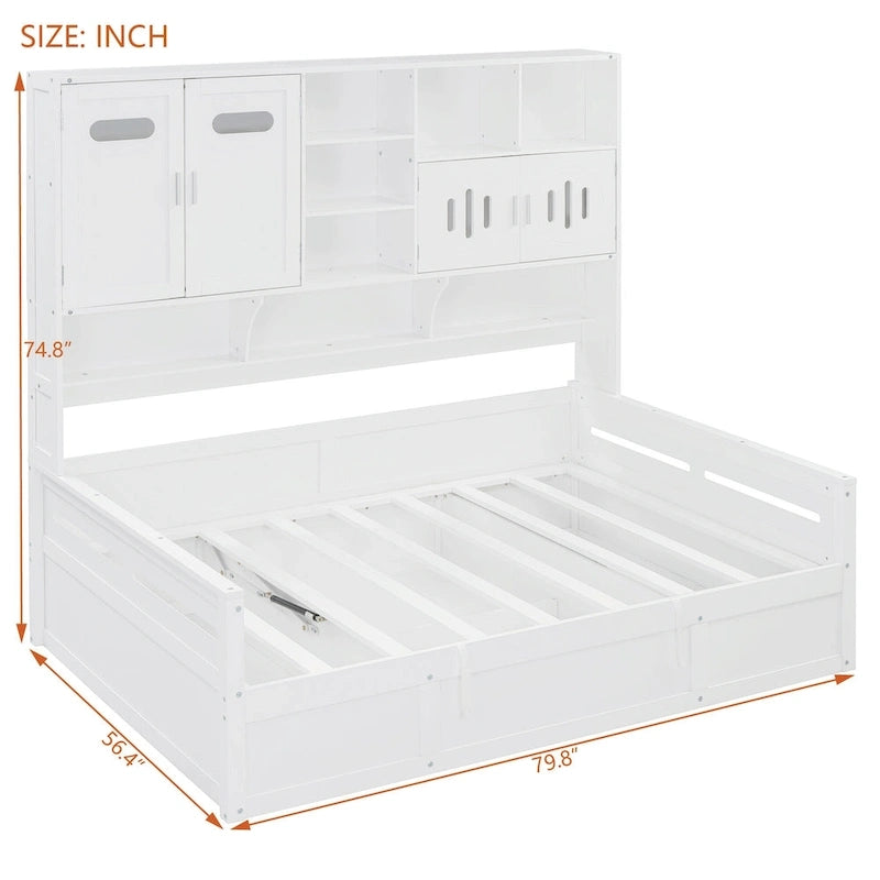 Lit de repos double en bois avec vérin hydraulique, armoire et étagère tout-en-un, blanc