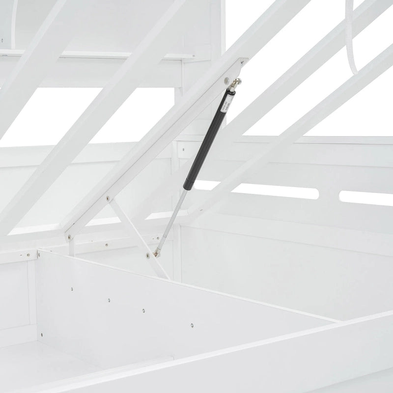 Lit de repos double en bois avec vérin hydraulique, armoire et étagère tout-en-un, blanc