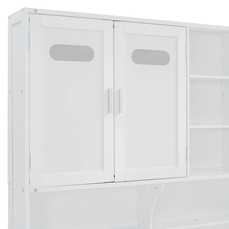 Lit de repos double en bois avec vérin hydraulique, armoire et étagère tout-en-un, blanc