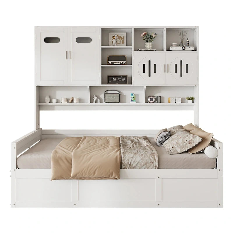Lit de repos double en bois avec vérin hydraulique, armoire et étagère tout-en-un, blanc